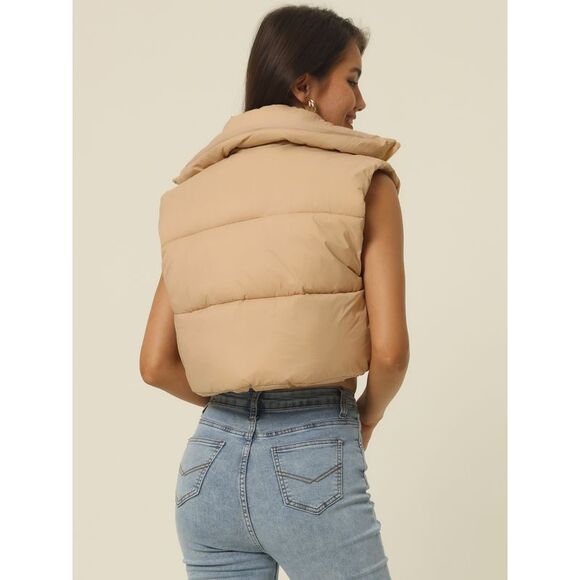 Crop Puffer Vest Stand Collar Sleeveless Zip Up Padded Gilet Coat Khaki - Picture 4 of 6